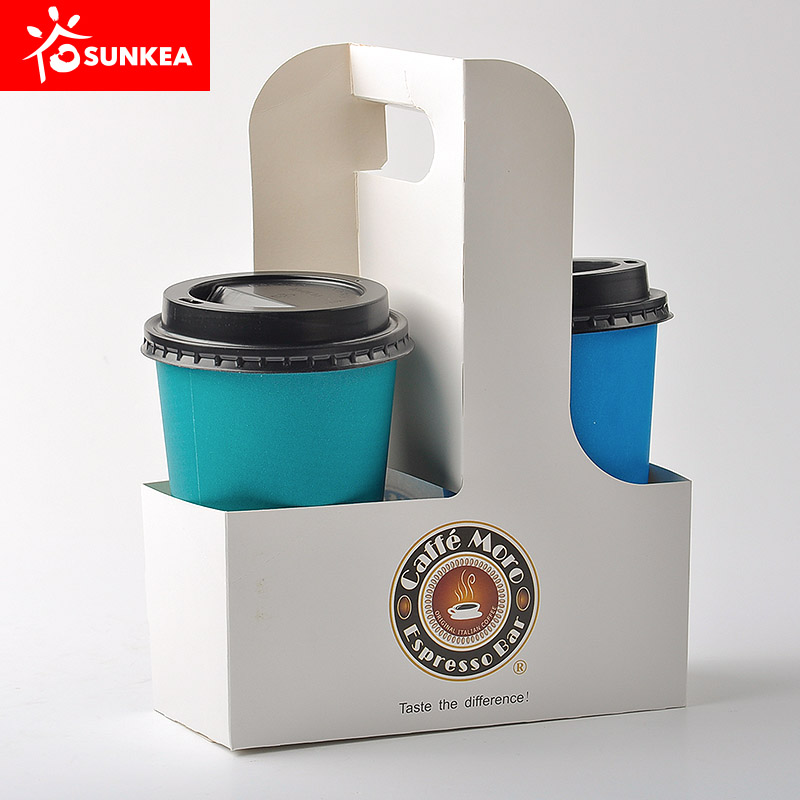 Disposable Logo Printed Paper Coffee Cup Carrier with Handle