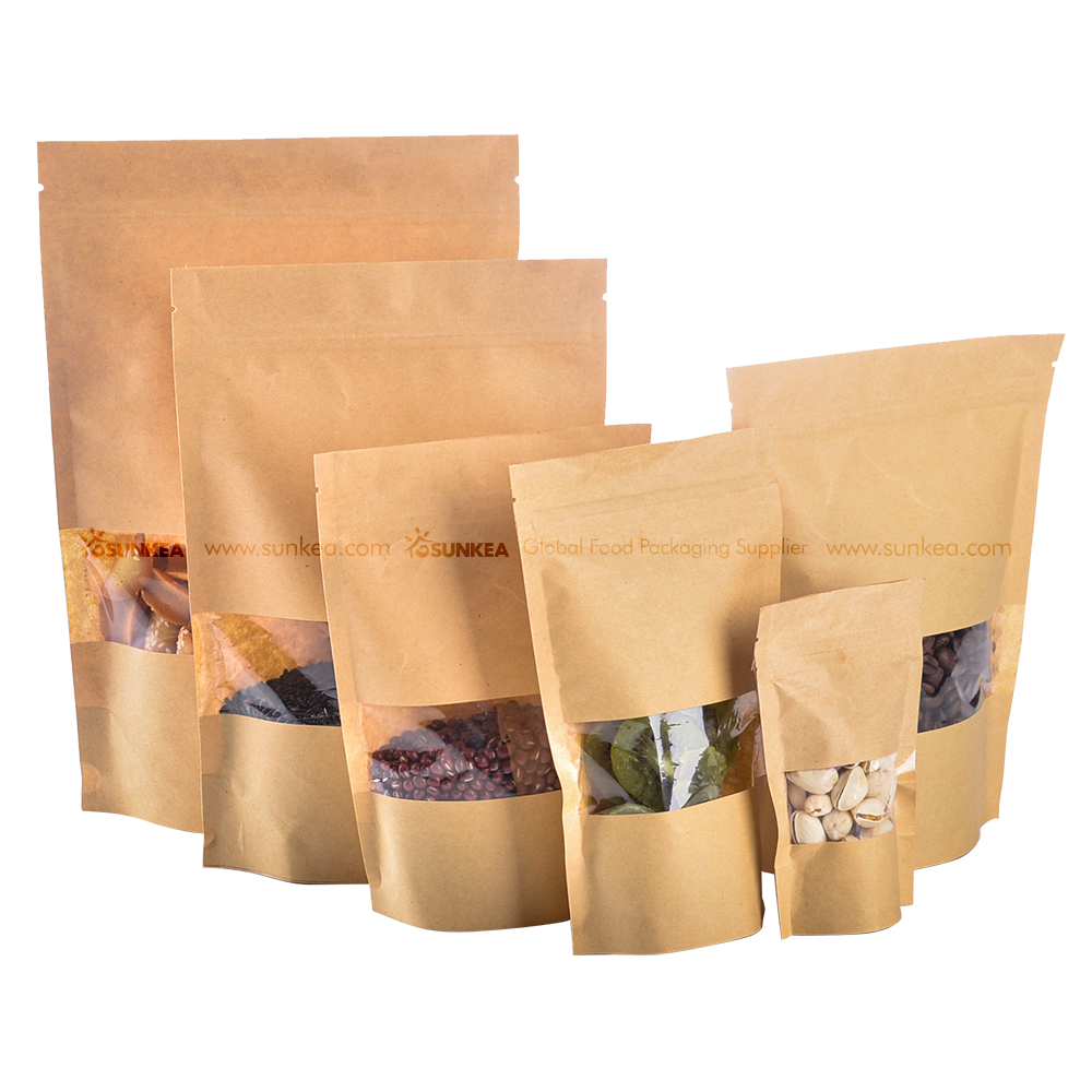 Brown Kraft Paper Stand Up Pouches with Zip Closure And Window